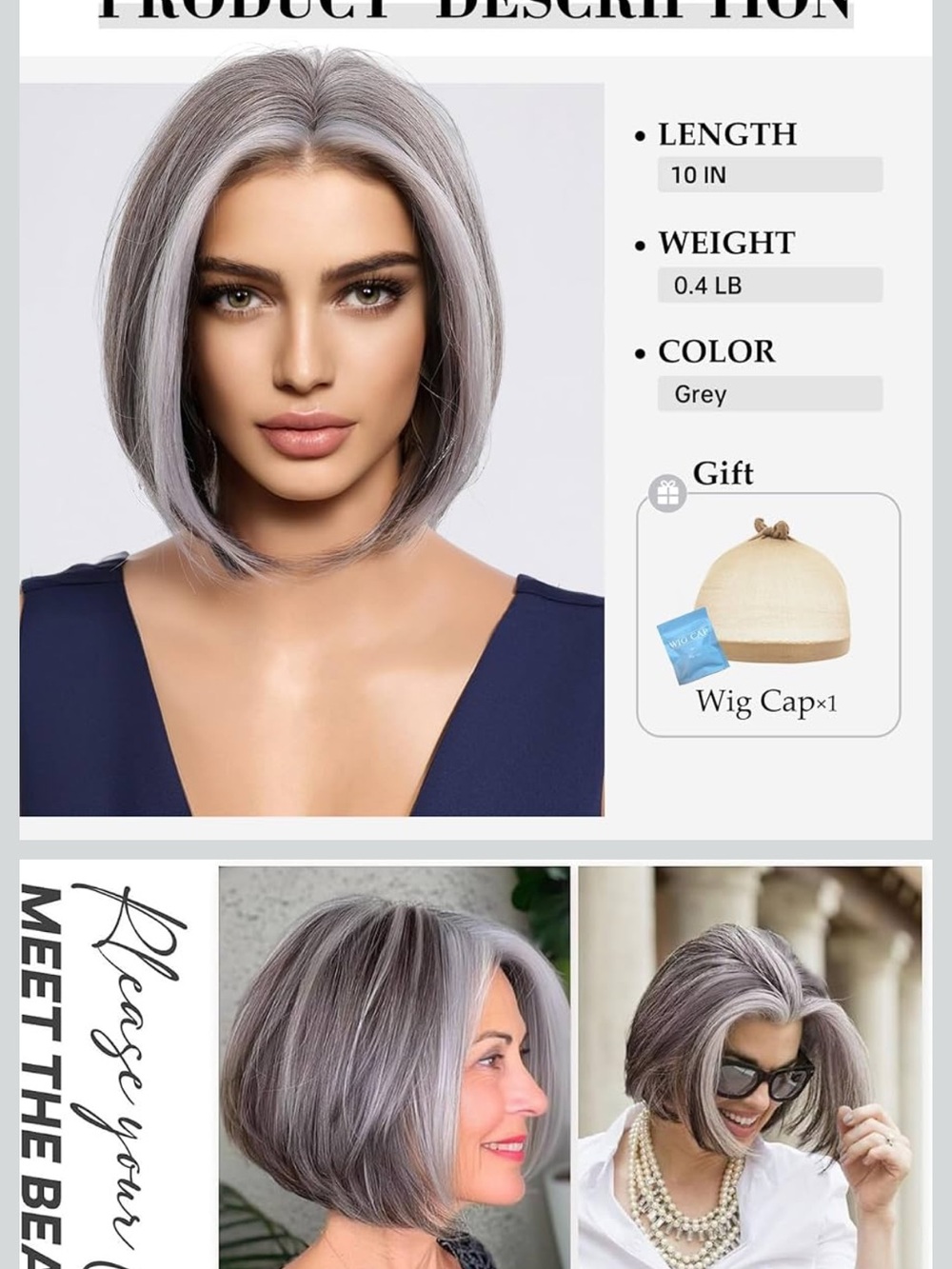 Testar Grey Mixed White Wig for Women Short Salt and Pepper Straight Lace Front - Picture 2 of 8